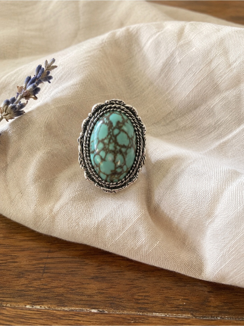 Turquoise Stone Silver-Tone Statement Ring - Blue Green